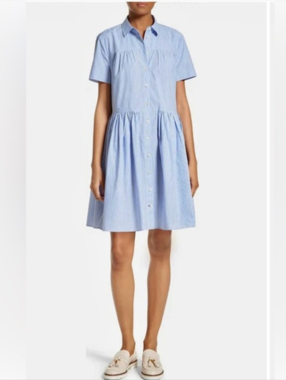Kate Spade Broome Street Striped Poplin Swing Shirt Dress Blue White Stripe